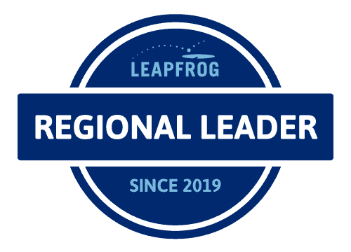 LeapFrog regional leader badge: blue circular seal with a bold 'REGIONAL LEADER' ribbon and 'SINCE 2019' text.