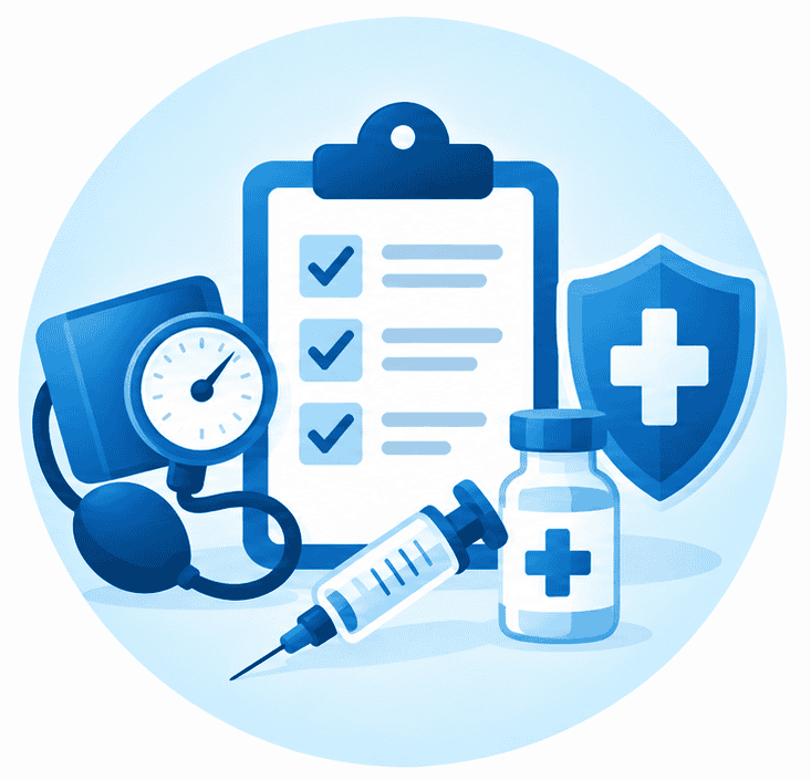 Screening-What | North Carolina Business Coalition on Health | North Carolina Business Coalition on Health Medical items including a clipboard with a checklist, a syringe, a vaccine vial, a stethoscope, and a shield with a medical cross.