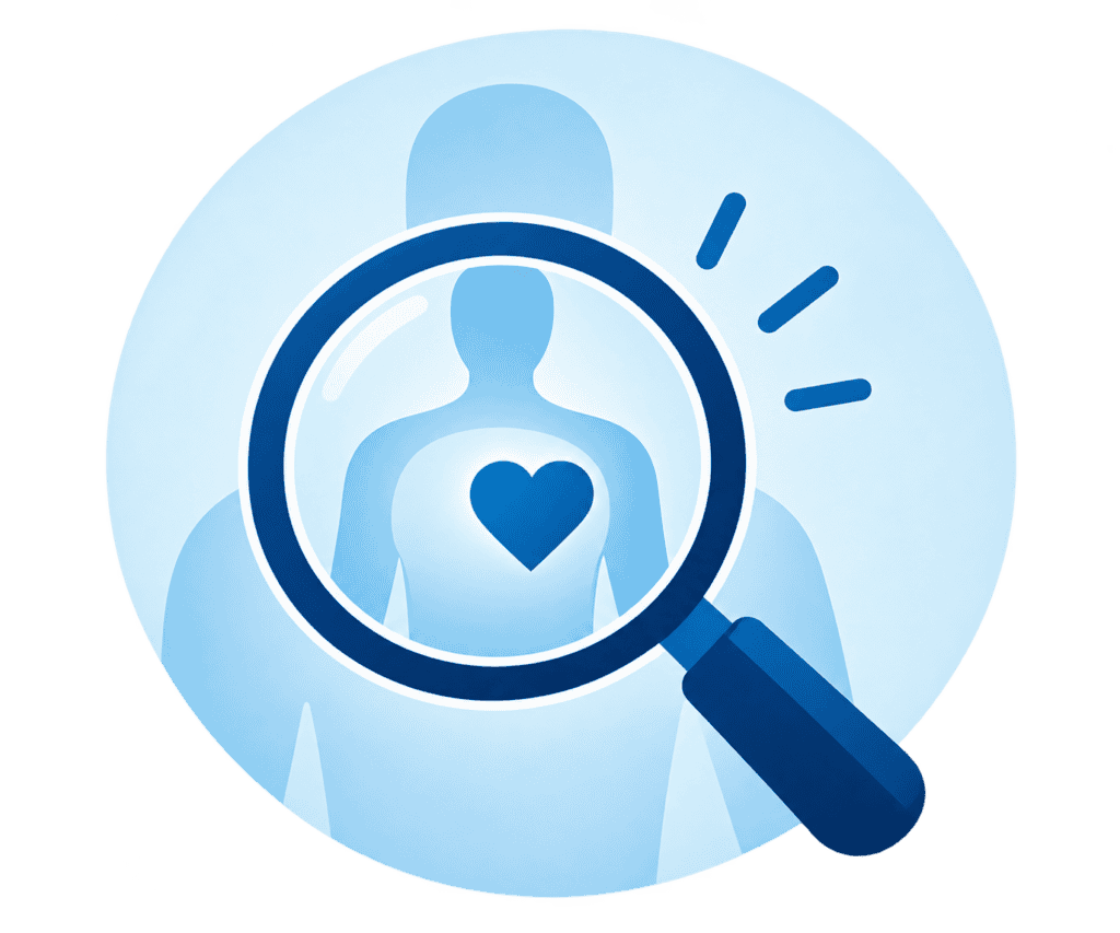 Screening-Why | North Carolina Business Coalition on Health | North Carolina Business Coalition on Health Magnifying glass over a blue human silhouette with a heart on the chest, symbolizing heart health screening